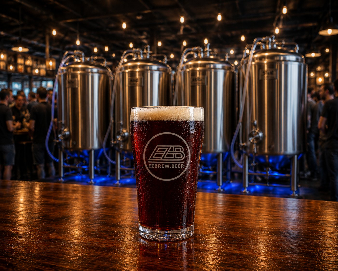 A signature EZBrew pour, branded, with the tank wall behind