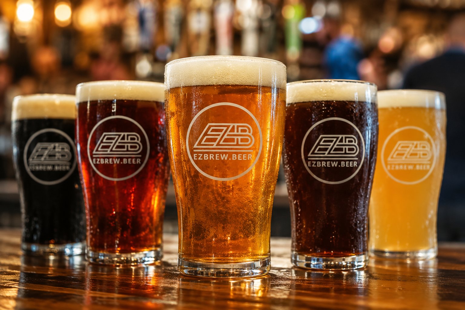Five branded EZBrew pint glasses lined up across the bar