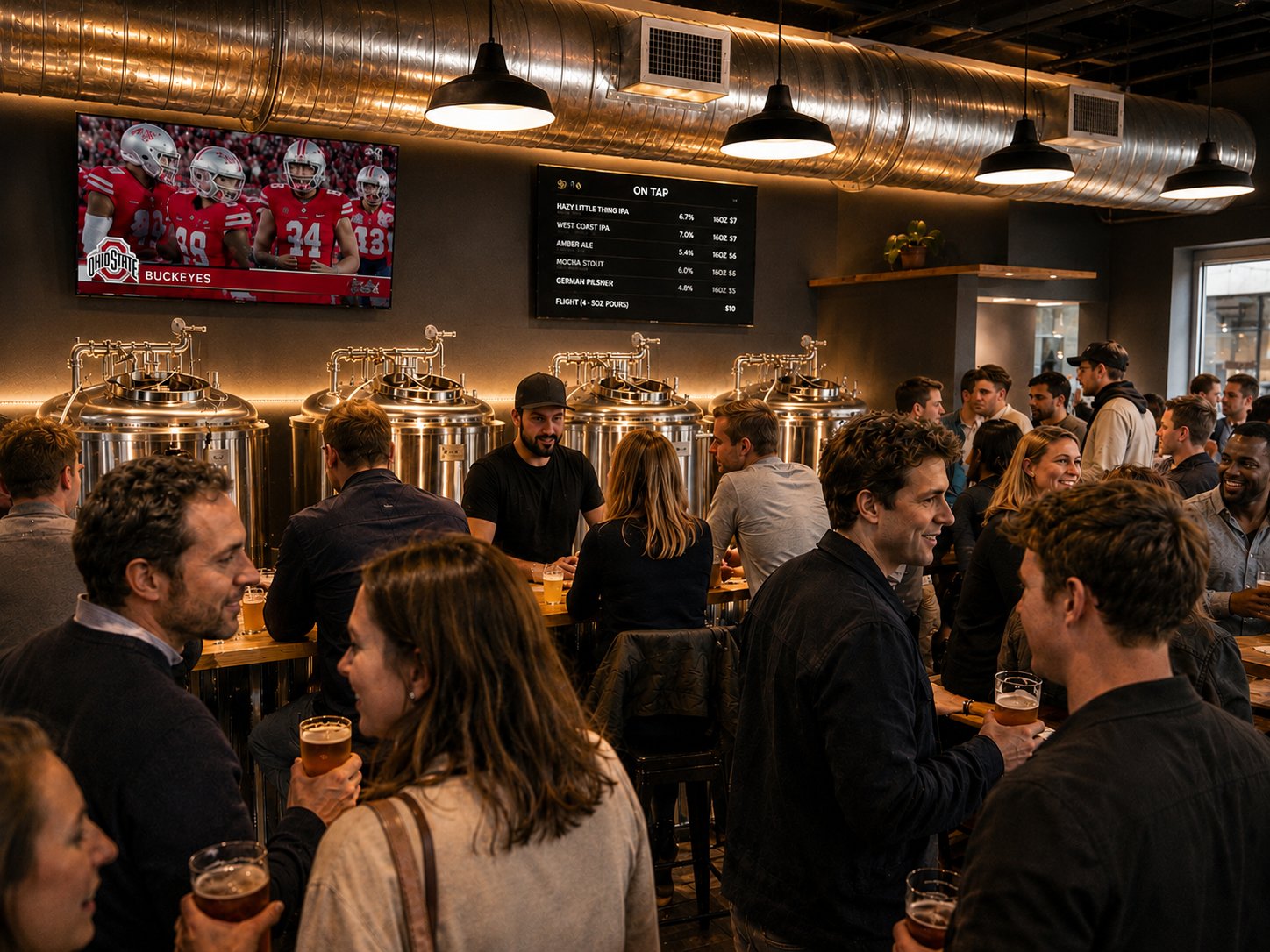 Modern bar interior with EZBrew tanks visible behind the bar